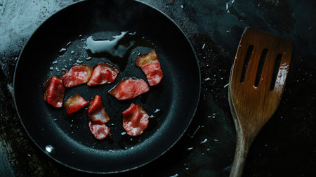 A close-up view of crispy bacon slices frying in oil on a skillet. The rich colors and textures capture the deliciousness of this breakfast staple. Ideal for food-related projects.の素材