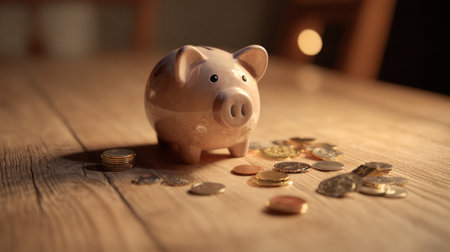 A charming piggy bank sits atop a rustic wooden table, surrounded by shiny coins. This image captures the essence of saving and financial planning in a warm setting.の素材