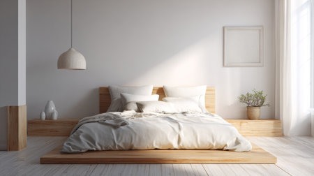 A serene and inviting minimalist bedroom featuring soft bedding, wooden furniture, and natural light, perfect for relaxation and peaceful living.の素材