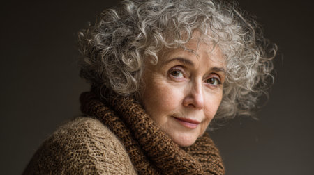 This captivating portrait captures an older woman with beautiful curly hair, elegantly dressed in a warm scarf. Her soft expression reflects wisdom and grace, creating an intimate atmosphere.の素材