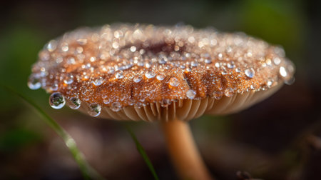 This exquisite close-up of a mushroom showcases intricate water droplets on its cap, capturing the beauty and detail of nature in a serene forest environment.の素材