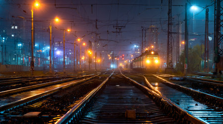 A mystical nighttime railway scene featuring illuminated tracks and distant trains, enveloped in fog and city lights, creating a captivating urban atmosphere.の素材