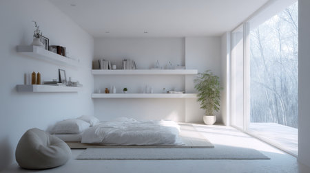 Bright and airy minimalist bedroom with white bedding and large windows. A harmonious blend of nature and simplicity creates a peaceful and inviting space.の素材