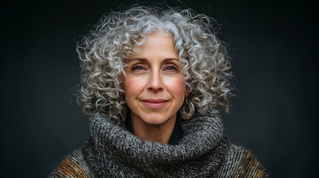 A captivating portrait of a mature woman with curly silver hair, radiating warmth and confidence, dressed in a cozy sweater against a dark background.の素材