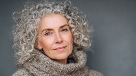 A mature woman with beautiful curly grey hair and bright blue eyes smiles gently, exuding confidence in a cozy sweater against a simple grey background.の素材