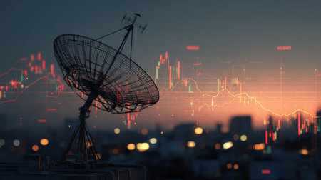A striking satellite dish located on a rooftop captures the essence of urban life at twilight, enhanced by a digital overlay of financial market trends and data visualization.の素材