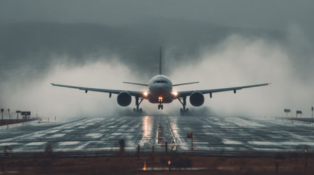 An airplane completes a landing on a slick runway amidst rainy weather, showcasing a dramatic aviation scene with water spray and mist surrounding the aircraft.の素材