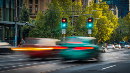 Dynamic city scene showcasing blurred vehicles in motion at an urban intersection with green traffic lights and vibrant trees, capturing city life and movement.の素材