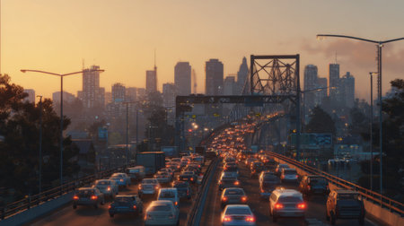A stunning sunset paints the skyline of a vibrant city, highlighting traffic on a busy bridge. The scene captures the essence of urban life and the daily commute.の素材