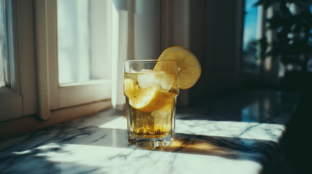 A refreshing cocktail awaits in a glass filled with ice and a lemon slice, perfectly positioned on a marble surface. The sunlight adds warmth and charm.の素材