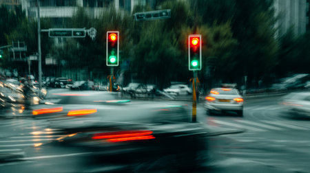 A dynamic urban traffic scene showcases the vibrant energy of a busy intersection. Green and red lights signal the change in vehicle flow while motion blurs enhance the lively atmosphere.の素材