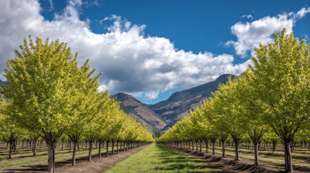 A stunning view of neatly arranged orchard rows featuring lush green trees, set against a backdrop of blue sky, fluffy clouds, and majestic mountains. Perfect countryside scene.の素材