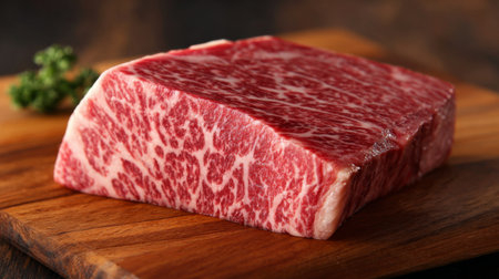 Stunning raw wagyu beef steak displaying exquisite marbling on a wooden board. Ideal for gourmet recipes, culinary displays, and food photography. Perfectly showcases quality meat.の素材