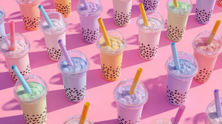 Experience the vibrant allure of bubble tea with an assortment of colorful beverages arranged on a playful pink background, perfect for summer enjoyment and visual delight.の素材