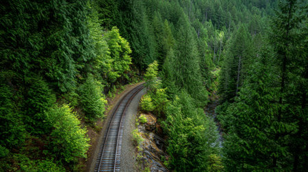 A captivating view of train tracks winding through a dense, vibrant green forest, showcasing the beauty of nature and tranquility in a rural landscape.の素材