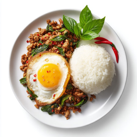 A vibrant plate of Thai basil chicken stir fry topped with a perfectly fried egg, served alongside steaming jasmine rice and garnished with fresh basil and chili.の素材