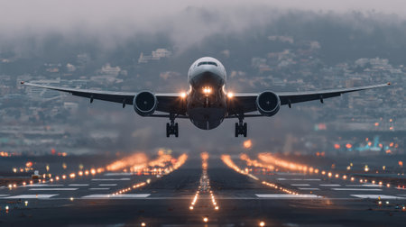 A modern aircraft makes a dramatic landing against a twilight backdrop, with vibrant lights illuminating the runway, creating a captivating travel moment.の素材