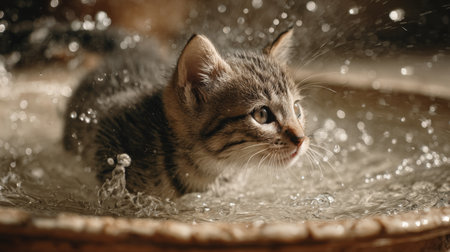 A curious kitten joyfully splashes in water, showcasing its playful spirit. The scene captures the delicate droplets and playful energy in a warm, serene atmosphere.の素材