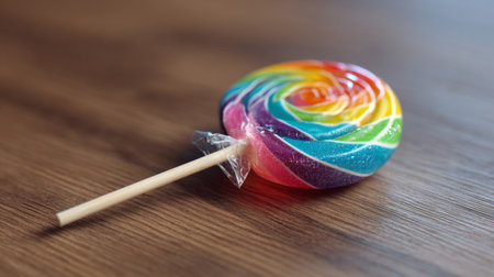 A vibrant rainbow-colored spiral lollipop lying on a wooden surface. Its bright design and playful appearance make it ideal for food photography and sweet treat concepts.の素材