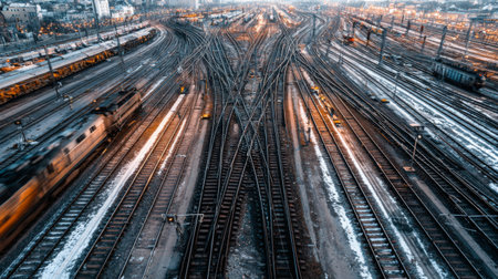 Aerial view of a bustling train yard with intricate rail intersections and a city skyline in the background, capturing the dynamic nature of winter transportation.の素材