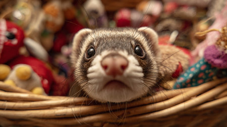 This charming image features a ferret peering out from a basket filled with bright toys, showcasing its playful curiosity and playful spirit in a cozy environment.の素材