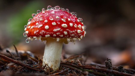 A close-up view of a bright red mushroom adorned with white spots and glistening water droplets, set against a backdrop of brown leaves in a peaceful forest.の素材
