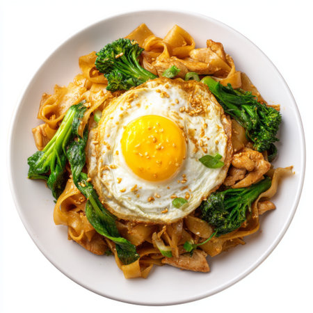 A vibrant dish of stir-fried noodles topped with a sunny-side-up egg, chicken, and steamed broccoli. Perfect for a filling lunch or dinner.の素材