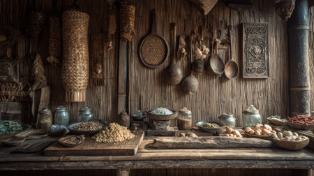 A beautifully arranged rustic kitchen scene featuring various spices, wooden utensils, and handcrafted jars, creating an inviting and warm atmosphere ideal for culinary inspiration.の素材