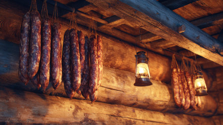 A serene depiction of rustic hanging sausages in a cozy wooden cabin, illuminated by a soft lantern, evoking a sense of warmth and traditional craftsmanship in food preservation.の素材