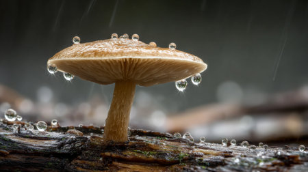 A stunning close-up view of a delicate mushroom adorned with water droplets, resting on a wooden surface, showcasing the beauty of nature during rainfall in a tranquil forest.の素材