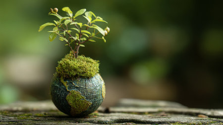 A charming globe-shaped planter featuring vibrant green leaves and soft moss, ideal for illustrating themes of nature, sustainability, and environmental consciousness.の素材