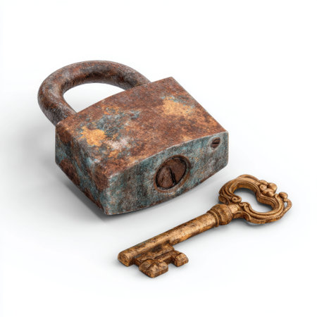 An antique lock paired with an ornate key, resting against a clean white background. This image captures the allure of vintage craftsmanship and tells a story of security and mystery.の素材