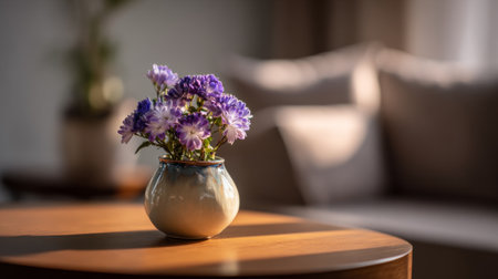A serene composition featuring delicate purple flowers in a ceramic vase placed on a wooden table, illuminated by soft natural light in a cozy living room setting.の素材