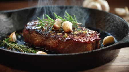 A succulent steak garnished with aromatic garlic and fresh rosemary in a classic cast iron skillet, showcasing a delicious gourmet dining experience.の素材