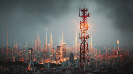 A striking urban scene featuring a communication tower illuminated against a vibrant city skyline under a dramatic evening sky, showcasing modern infrastructure and technology.の素材