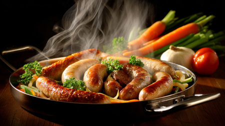 A mouthwatering display of sausages grilled to perfection, served on a vibrant bed of vegetables, showcasing a delicious and aromatic culinary experience.の素材