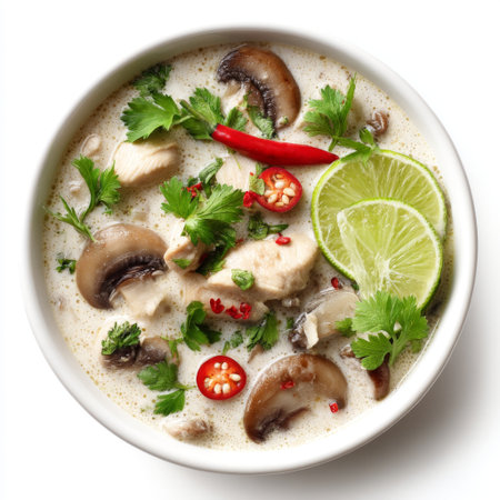 A vibrant bowl of creamy coconut soup featuring tender chicken, earthy mushrooms, fresh herbs, and spicy chili, topped with zesty lime slices for added flavor.の素材
