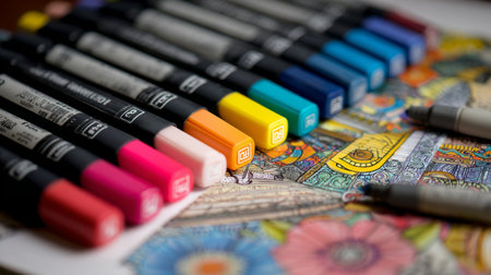 A close-up view of colorful markers arranged neatly next to an intricate coloring page showcasing creativity, relaxation, and artistic expression in everyday life.の素材