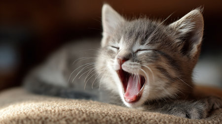 This charming image features a playful gray kitten yawning on a soft blanket, capturing its adorable expression in warm, natural light, perfect for pet lovers and cat enthusiasts.の素材
