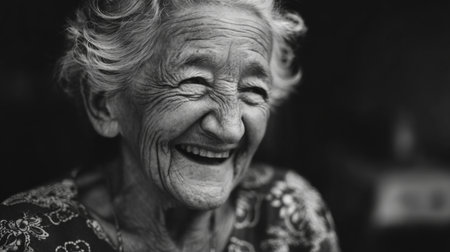 A touching black and white portrait of an elderly woman radiating joy with her sincere smile. The image beautifully captures her character and life stories.の素材