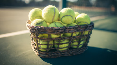 A woven basket filled with bright yellow tennis balls rests on a tennis court, capturing the essence of sport and leisure in an inviting outdoor setting.の素材