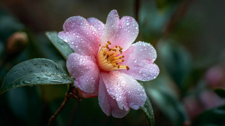 A stunning pink camellia flower glistening with raindrops, surrounded by lush green leaves, creates a serene atmosphere, ideal for nature and floral themes.の素材