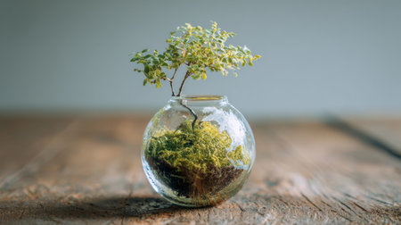 A delightful small green plant in a clear glass terrarium, surrounded by lush moss and rich soil, perfect for enhancing any indoor space with a touch of nature.の素材