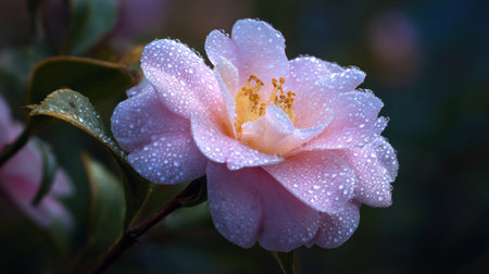 A stunning close-up of a pink flower adorned with glistening raindrops, showcasing the intricate details of its petals and evoking a sense of calm and beauty in nature.の素材