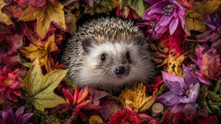 This enchanting image showcases a charming hedgehog nestled among vibrant autumn flowers, highlighting the colorful beauty of wildlife in a natural setting.の素材
