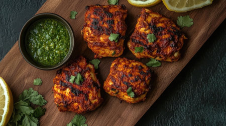 This image showcases grilled chicken pieces served with a vibrant green sauce and fresh lemon slices, perfect for showcasing culinary creativity.の素材