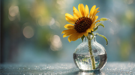 A stunning sunflower in a clear glass vase, capturing the essence of nature with its radiant yellow petals. The soft natural light enhances the flower's beauty.の素材