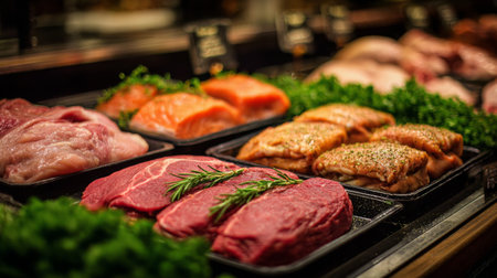 A vibrant display of various raw meats including beef, pork, chicken, and fish garnished with fresh herbs showcases quality ingredients perfect for meal preparation and shopping.の素材