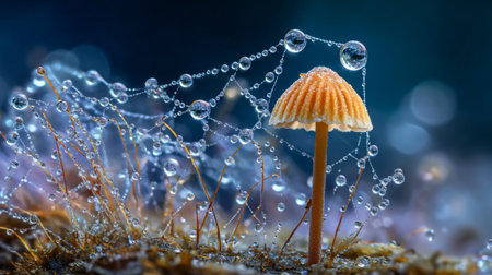 A captivating macro image featuring a delicate mushroom adorned with shimmering droplets of water, intricately connected by a gossamer web, evoking tranquility.の素材