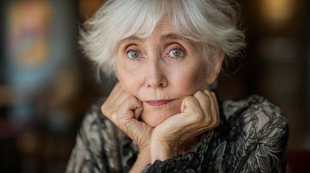 A serene portrait of an elderly woman with gray hair, resting her chin on her hands while looking thoughtfully at the camera, evoking emotion and wisdom.の素材